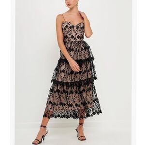 NWOT Endless Rose Crochet Tiered Layered Midi Dress Black Lace Floral Pattern
